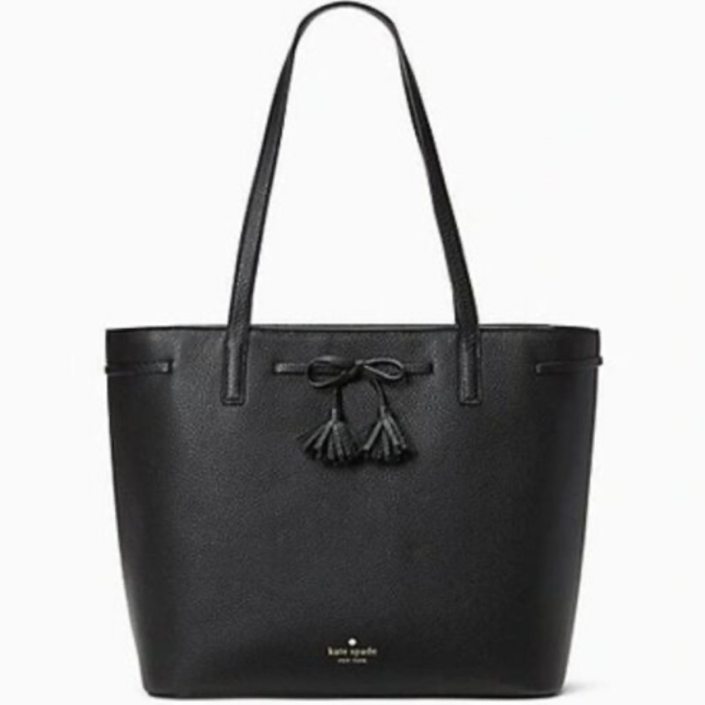 KATE SPADE ♠️ New York "Hayes"🖤BLACK🖤PEBBLED LEATHER BOW TASSEL TOTE 🌟EUC🌟